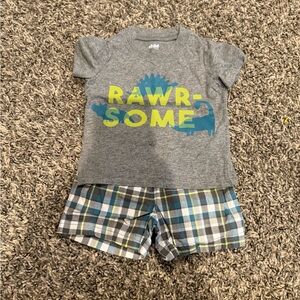 Gray Dinosaur Graphic Tee and Plaid Shorts Set